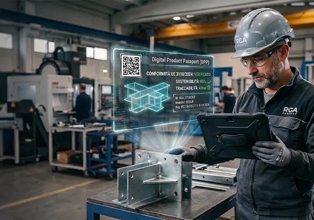 Operatore industriale che verifica la conformità al Regolamento UE 3110/2024 e il Passaporto Digitale (DPP) tramite software